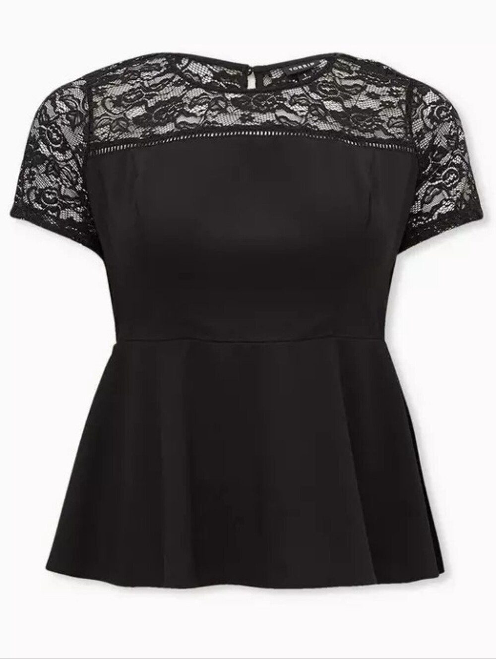 Torrid Size 2 Black Lace Yoke Peplum Crepe Top Short Sleeve Plus Size